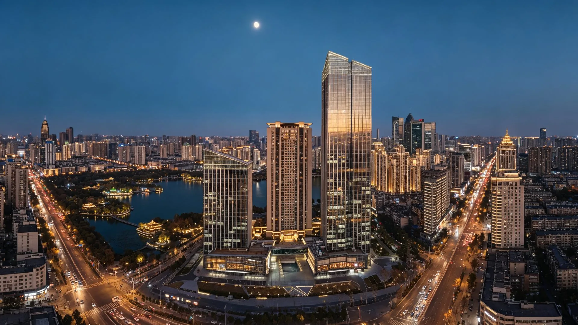 西北湖国金中心建筑外观 — 240米+100米双子塔与西北湖夜景